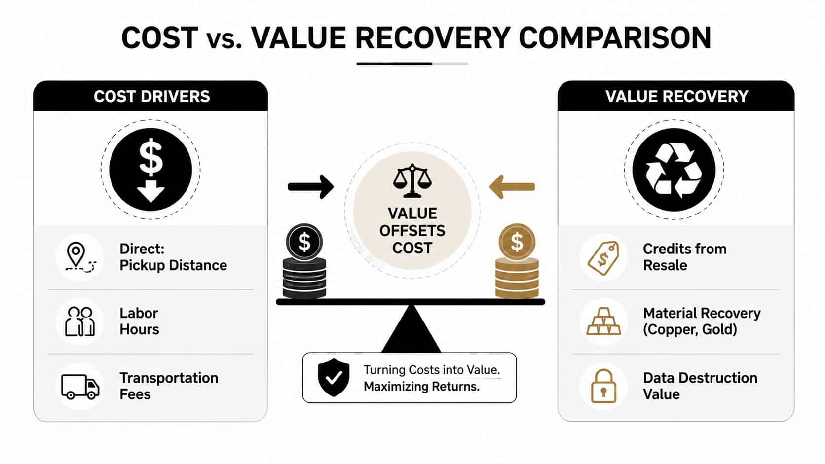 A diagram illustrating the balance between business cost drivers and value recovery in electronics recycling processes.