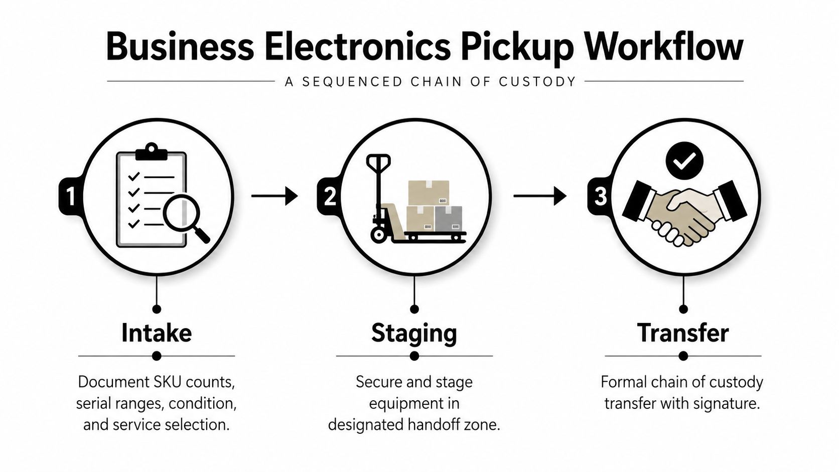 A three-step infographic showing the business electronics pickup workflow: intake, staging, and formal transfer of custody.
