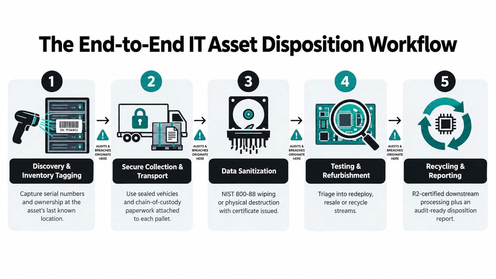 An infographic showing the five steps of the end-to-end IT asset disposition workflow for electronics.