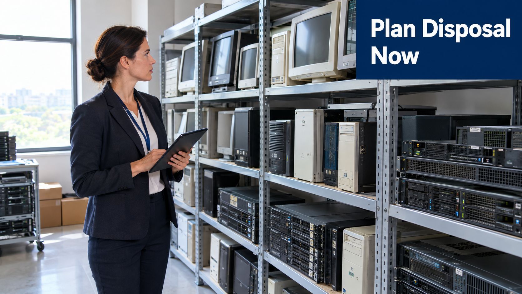 A professional woman in a suit using a tablet to inspect old computer equipment in a storage room.