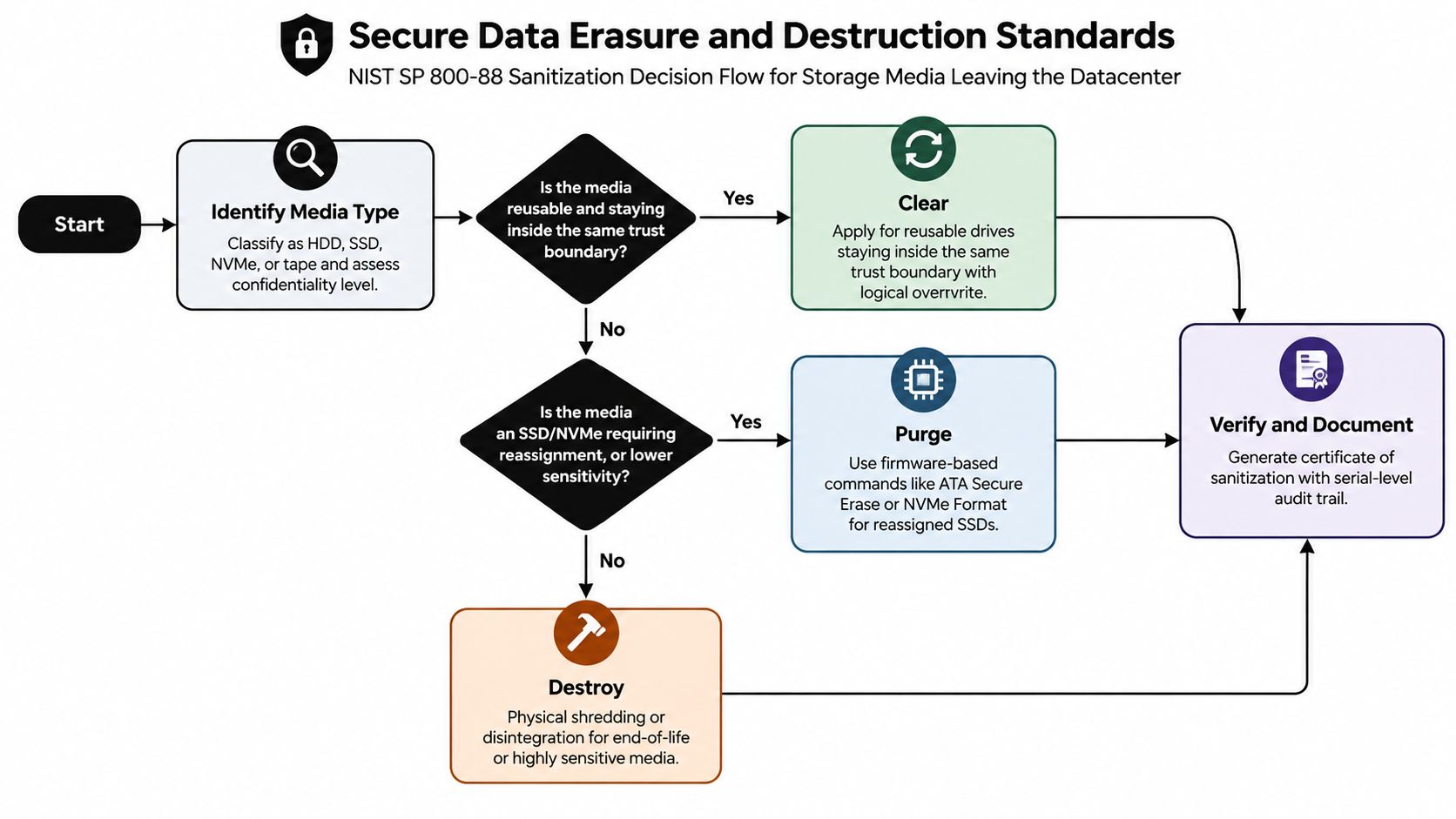 A flowchart detailing NIST SP 800-88 guidelines for secure data sanitization, destruction, and storage media disposal.