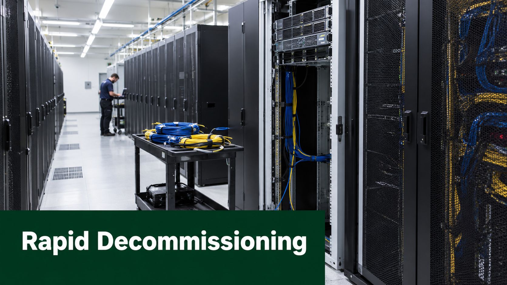 A technician works on server cabinets inside a clean, modern data center facility with networking cables.