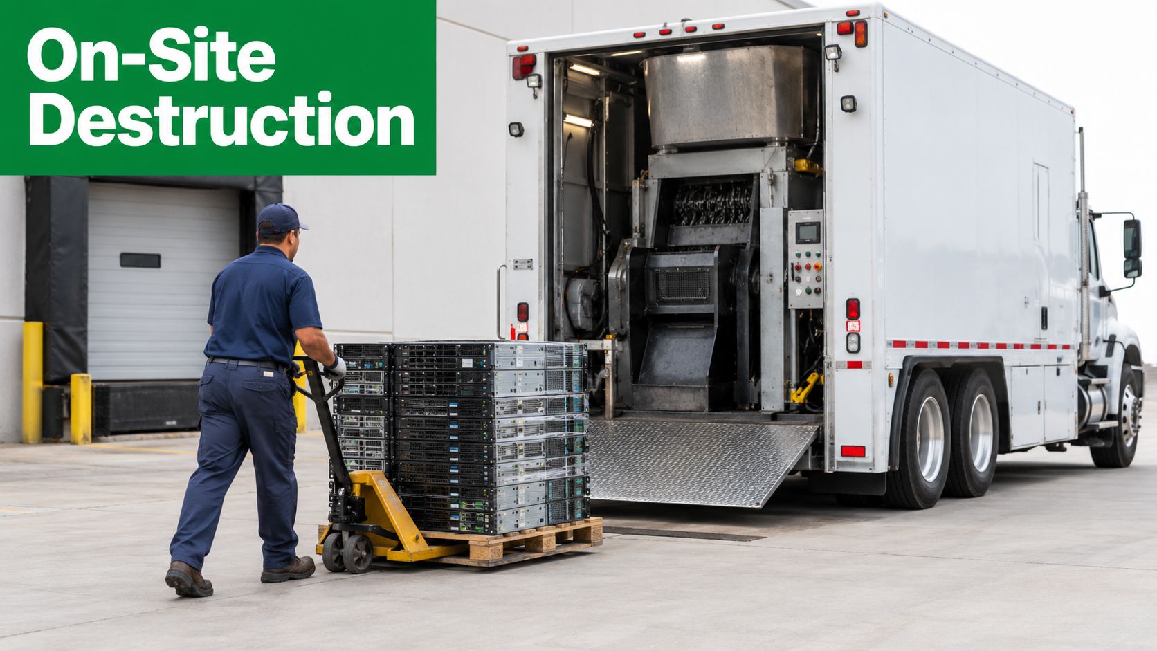 A worker transporting a pallet of stacked servers toward an on-site data destruction truck for secure disposal.