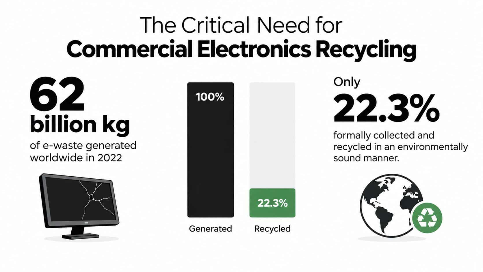 A graphic highlighting the urgent need for global commercial electronics recycling with statistics from 2022.