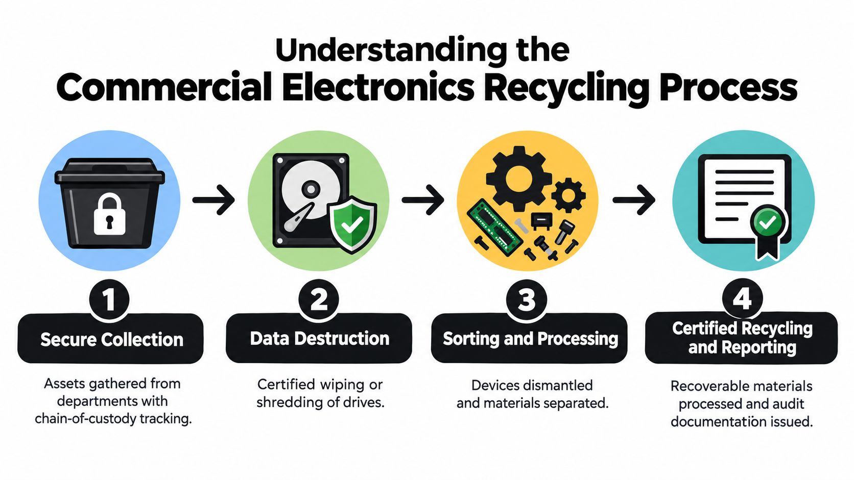 A four-step infographic illustrating the commercial electronics recycling process from secure collection to certified reporting.