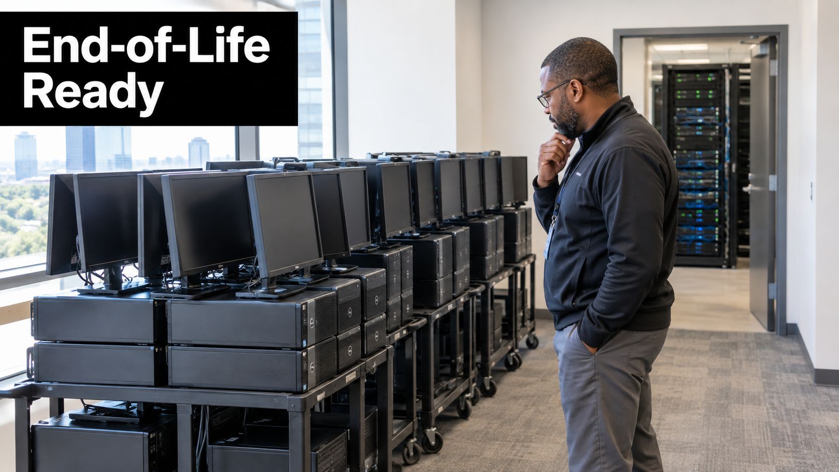 An IT professional standing next to a cart of desktop computers prepared for end-of-life disposal.