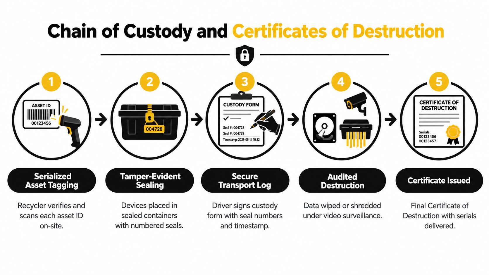 A five-step infographic illustrating the secure process of computer recycling, including asset tagging, sealing, logging, destruction, and certification.