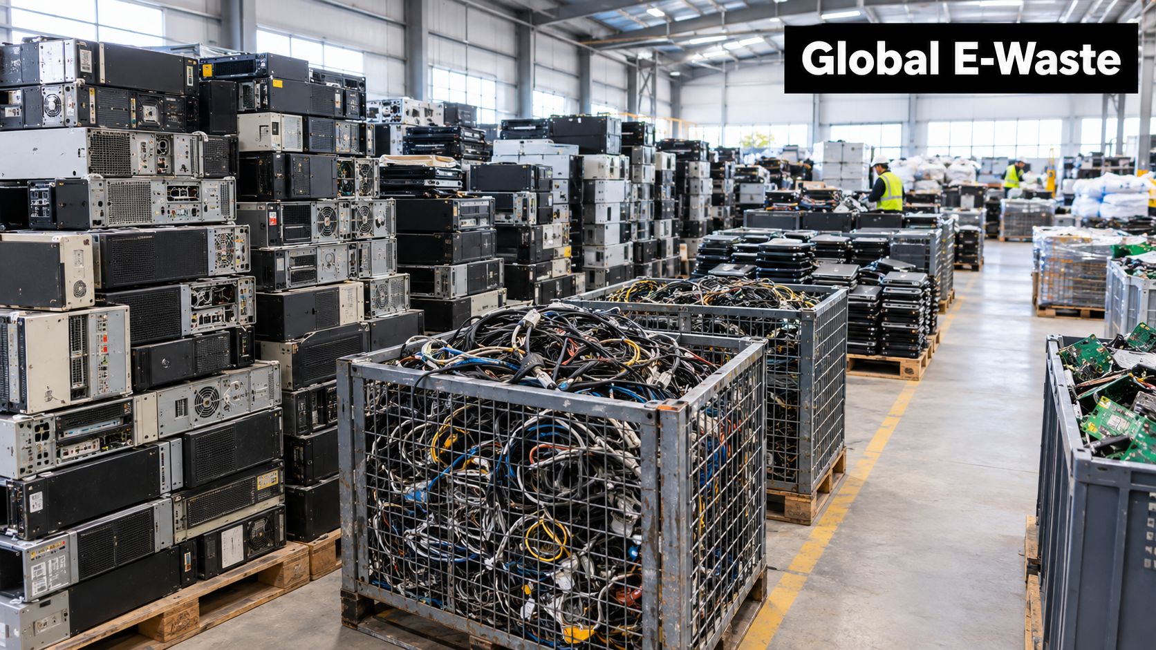 A warehouse floor stacked with pallets of old computer towers, loose cables, and electronic components for recycling.