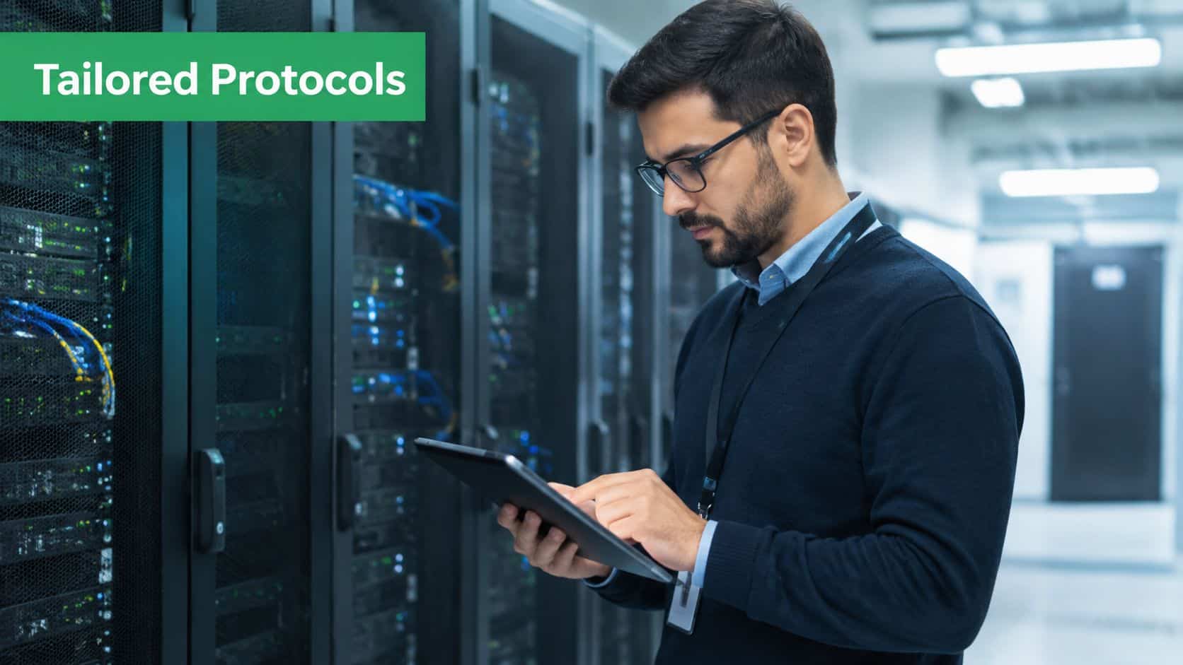 A professional IT technician using a tablet to monitor and manage equipment in a modern server room.