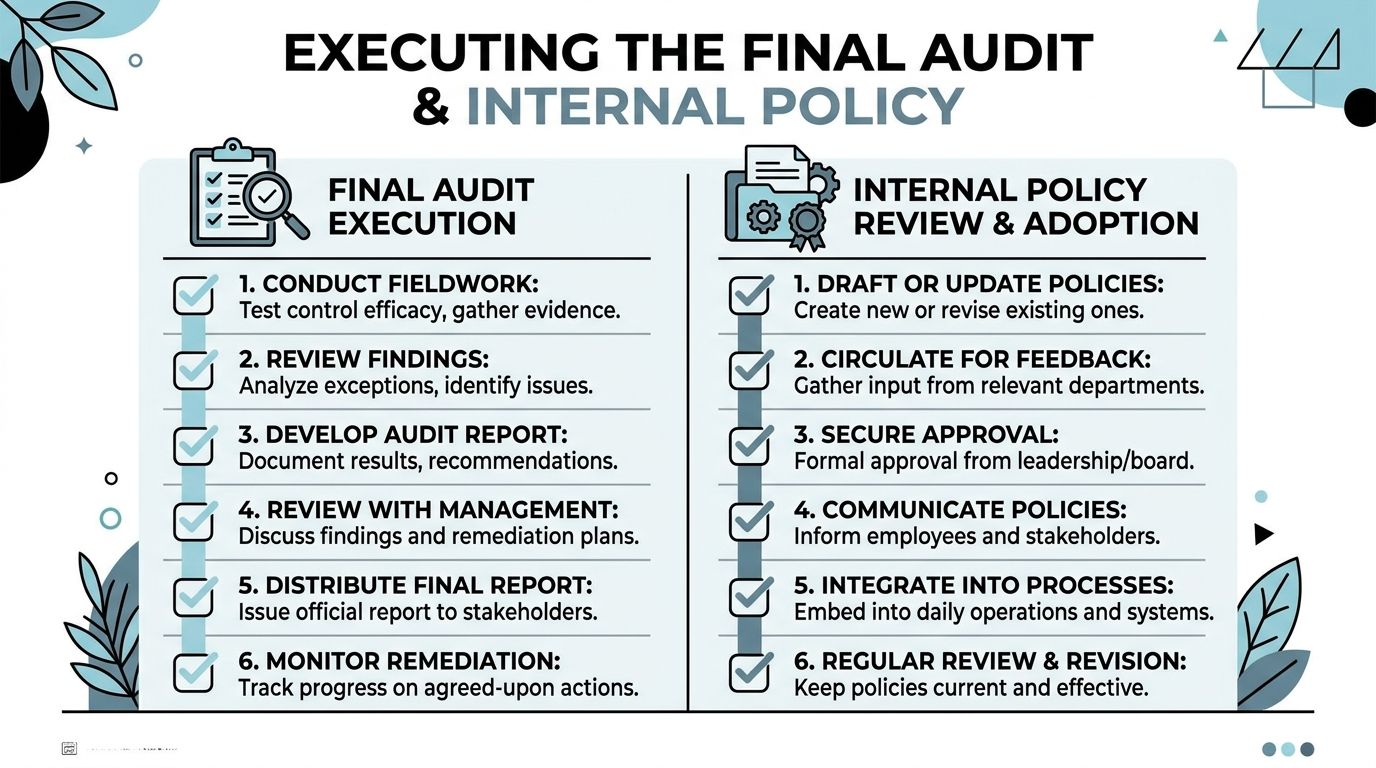 A flowchart detailing the six steps for final audit execution and internal policy review and adoption processes.