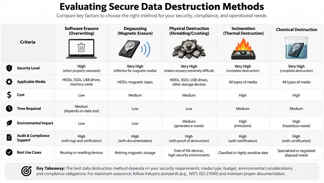 A comparison chart outlining different secure data destruction methods like software erasure, degaussing, and physical shredding for businesses.