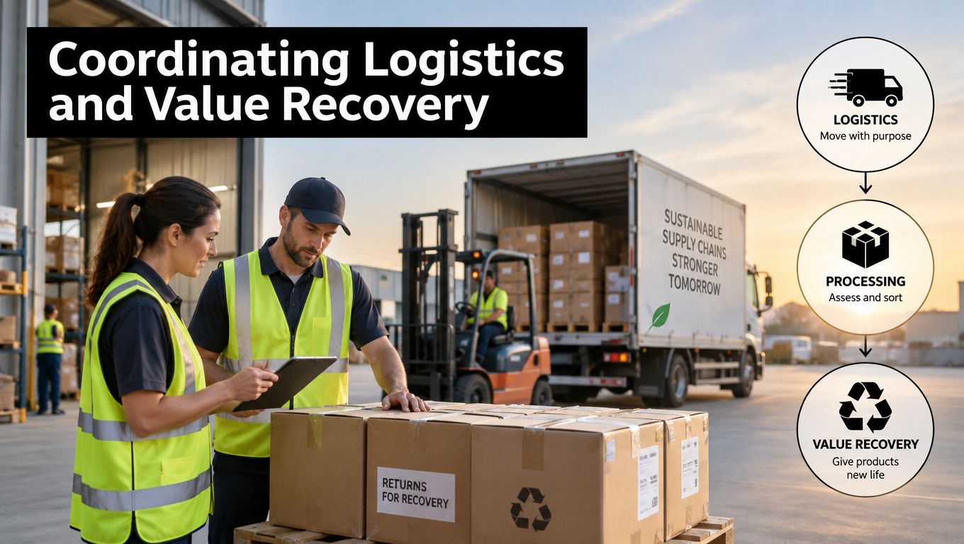 Warehouse workers coordinating logistics and value recovery for sustainable corporate supply chain recycling and product processing.