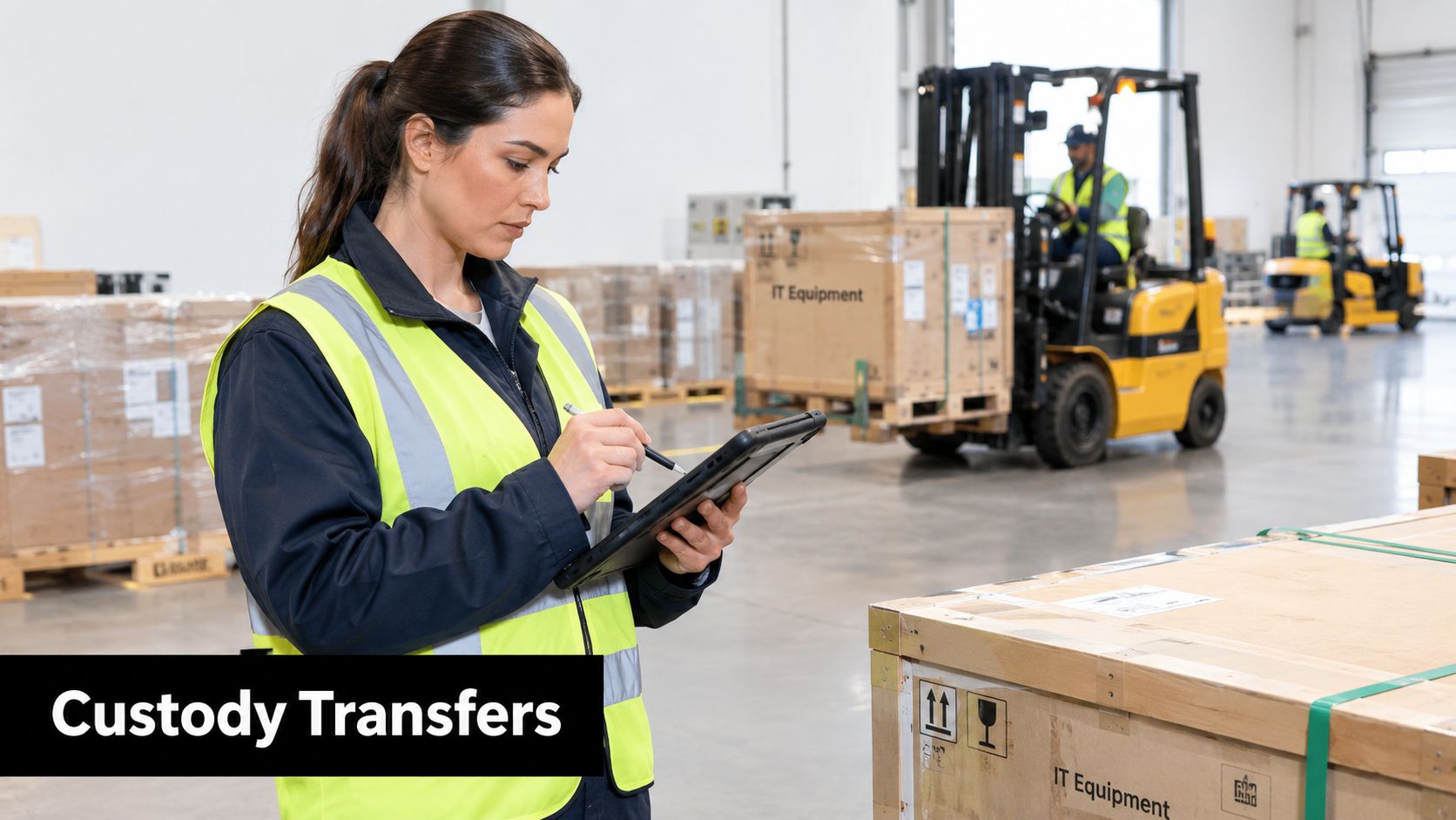 A female warehouse worker in a high-visibility vest uses a digital tablet to record a custody transfer.