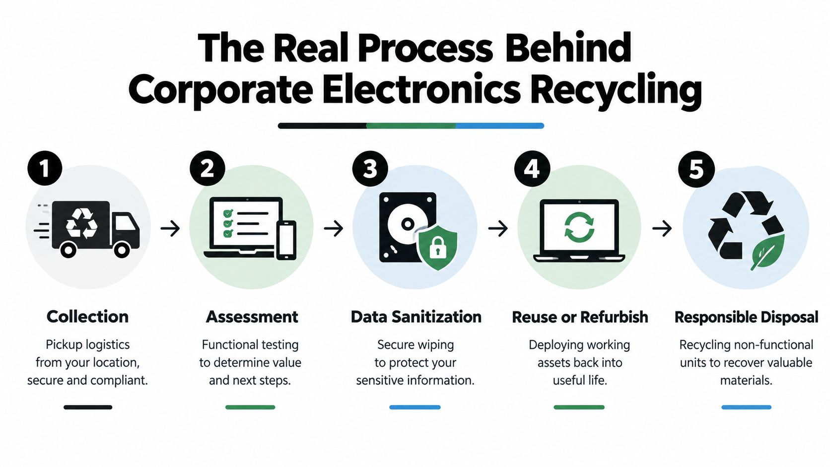 A five-step infographic showing the corporate electronics recycling process from collection to responsible disposal.
