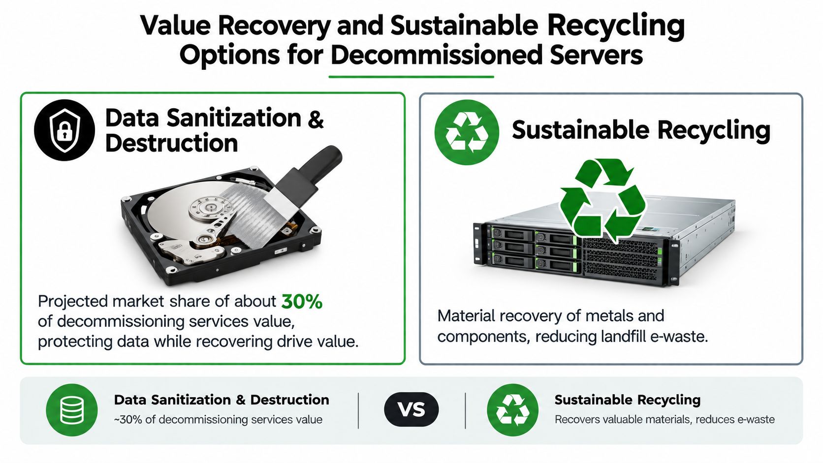 An infographic showing value recovery and sustainable recycling options for decommissioned computer servers and hardware.