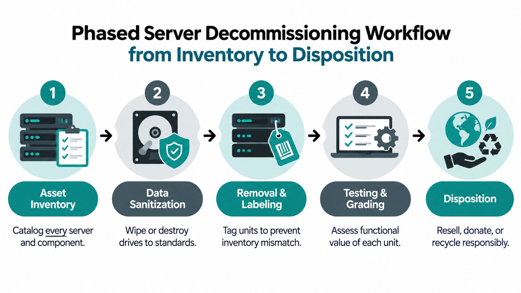 A five-step phased server decommissioning workflow diagram illustrating the process from initial asset inventory to final disposition.