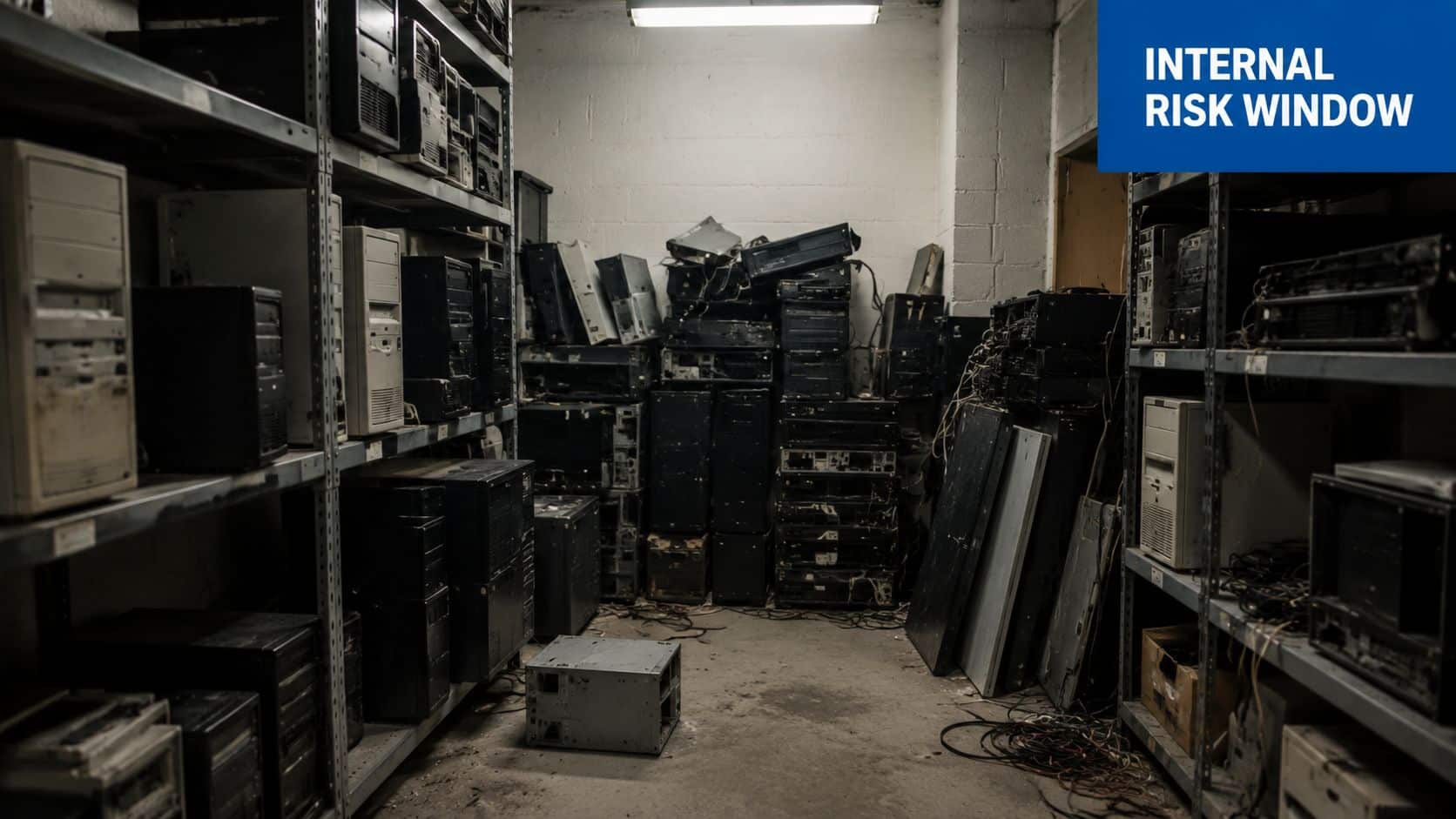 A storage room filled with stacks of old, discarded computer towers and obsolete electronic waste equipment.
