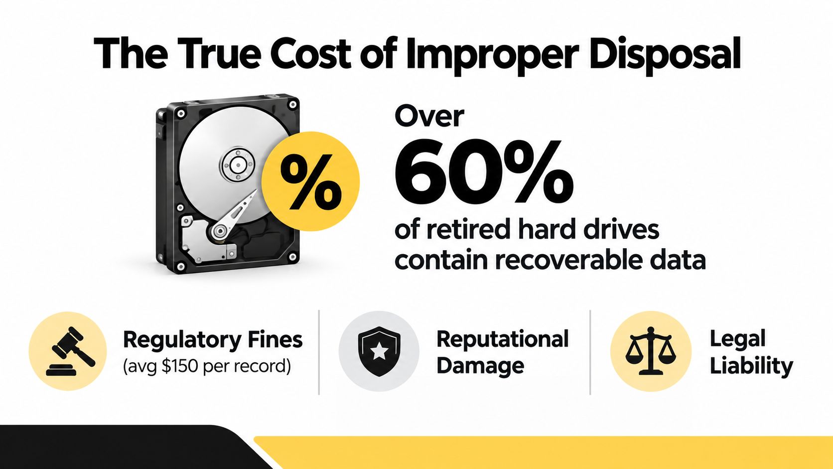 An infographic highlighting the high security risks and potential costs of improperly disposing of retired hard drives.