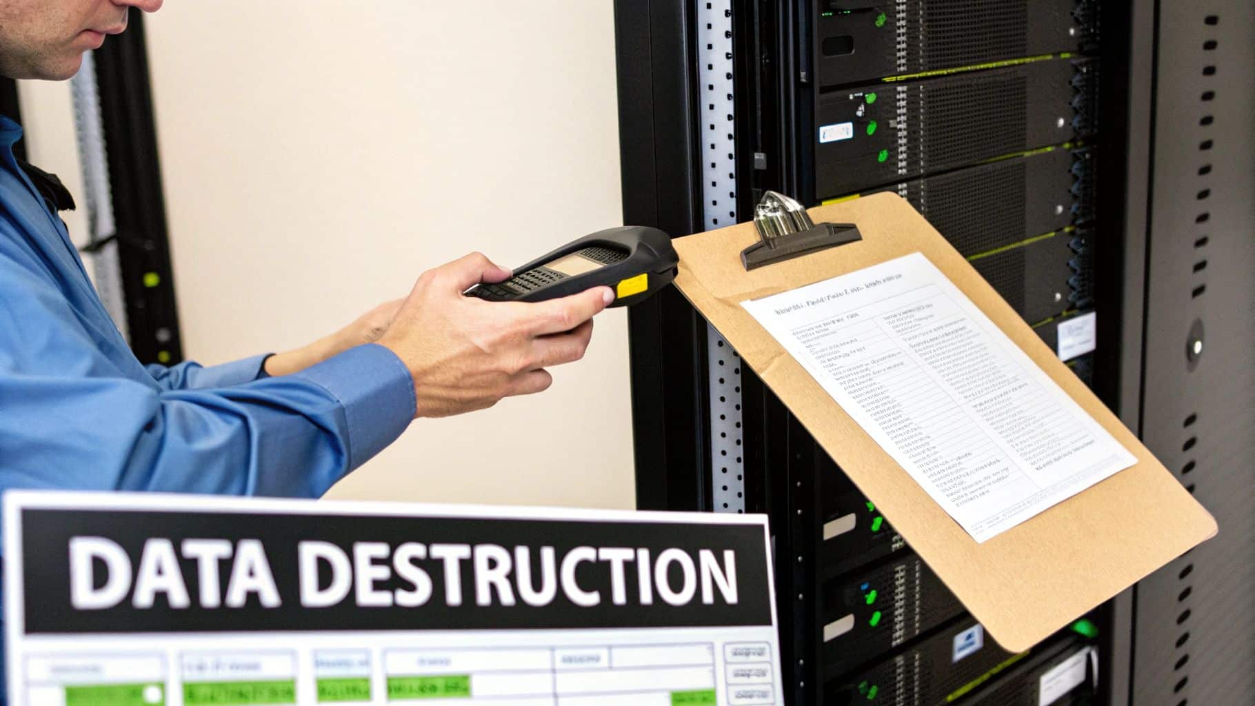 A technician scans server equipment in a data center, performing data destruction procedures.