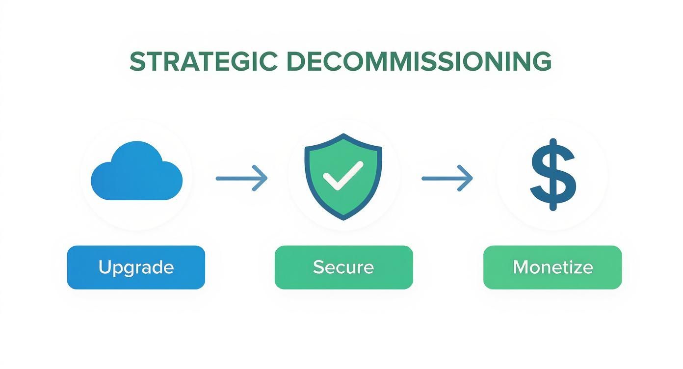 A strategic decommissioning workflow diagram illustrating steps to upgrade, secure, and monetize cloud assets.