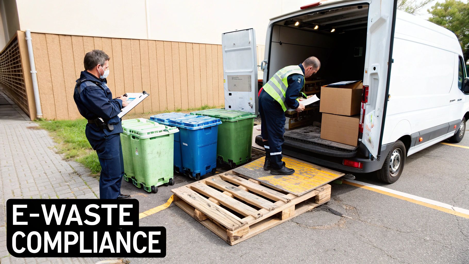 Two men inspect e-waste containers and a white van for compliance with bins and boxes.