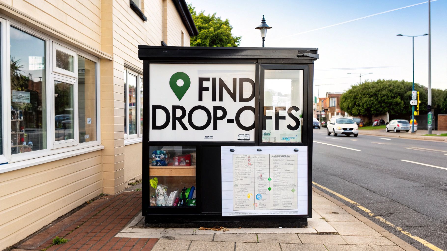 An outdoor black drop-off point with 'FIND DROP-OFFS' sign and items inside, by a road.