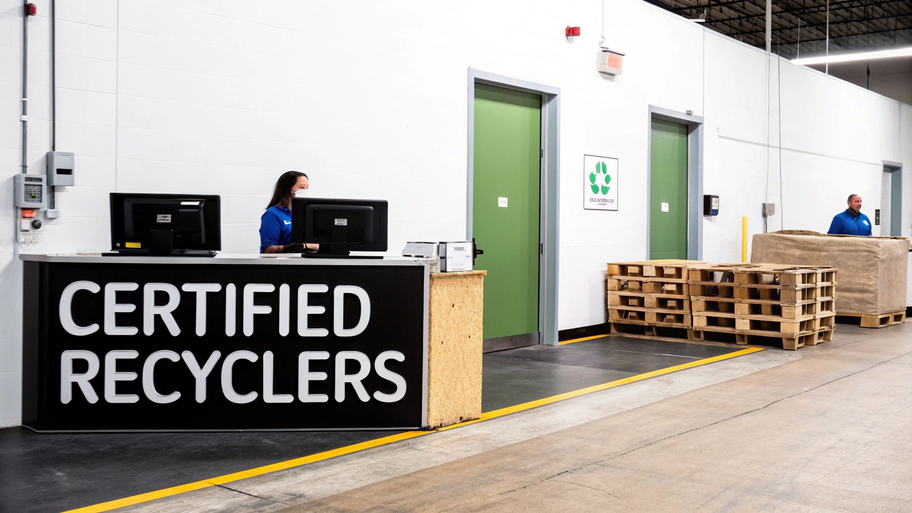 Two people work at a 'CERTIFIED RECYCLERS' desk in an electronics recycling facility.