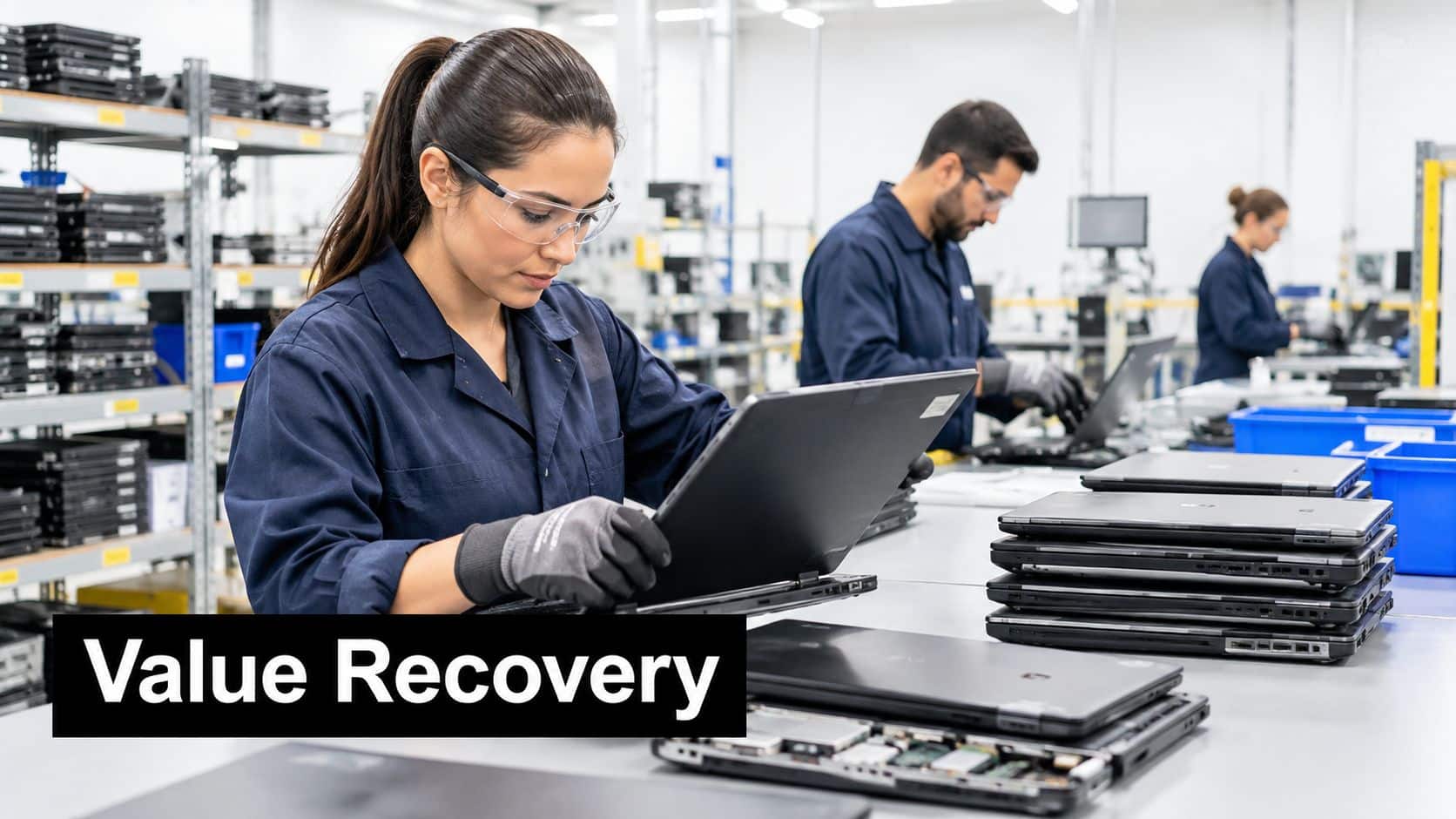 Technicians in a professional facility working on laptop repairs and refurbishing for sustainable e-waste management processes.