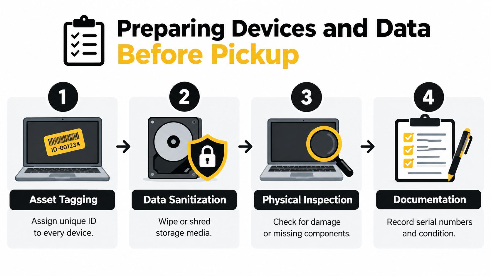 A four-step infographic showing the process of preparing IT devices for professional e-waste recycling pickup.