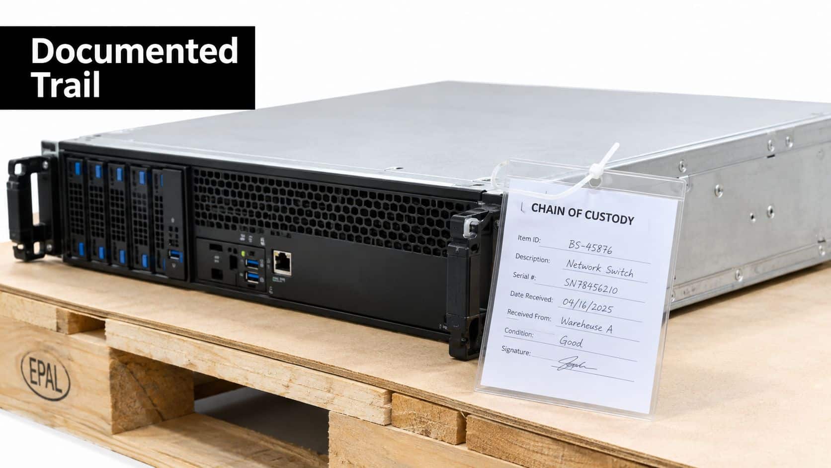 A rack-mountable network switch rests on a wooden pallet with a chain of custody tag attached.