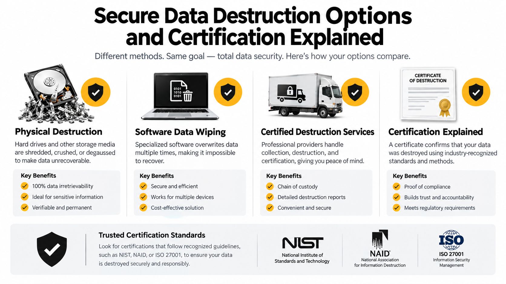 An infographic detailing various secure data destruction methods like physical shredding, software wiping, and certified services.