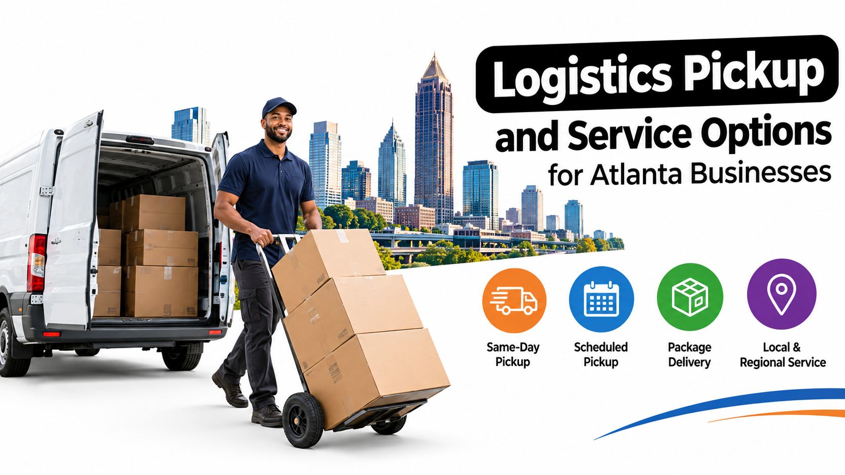 A logistics worker in a uniform loading boxes onto a hand truck in Atlanta, Georgia.