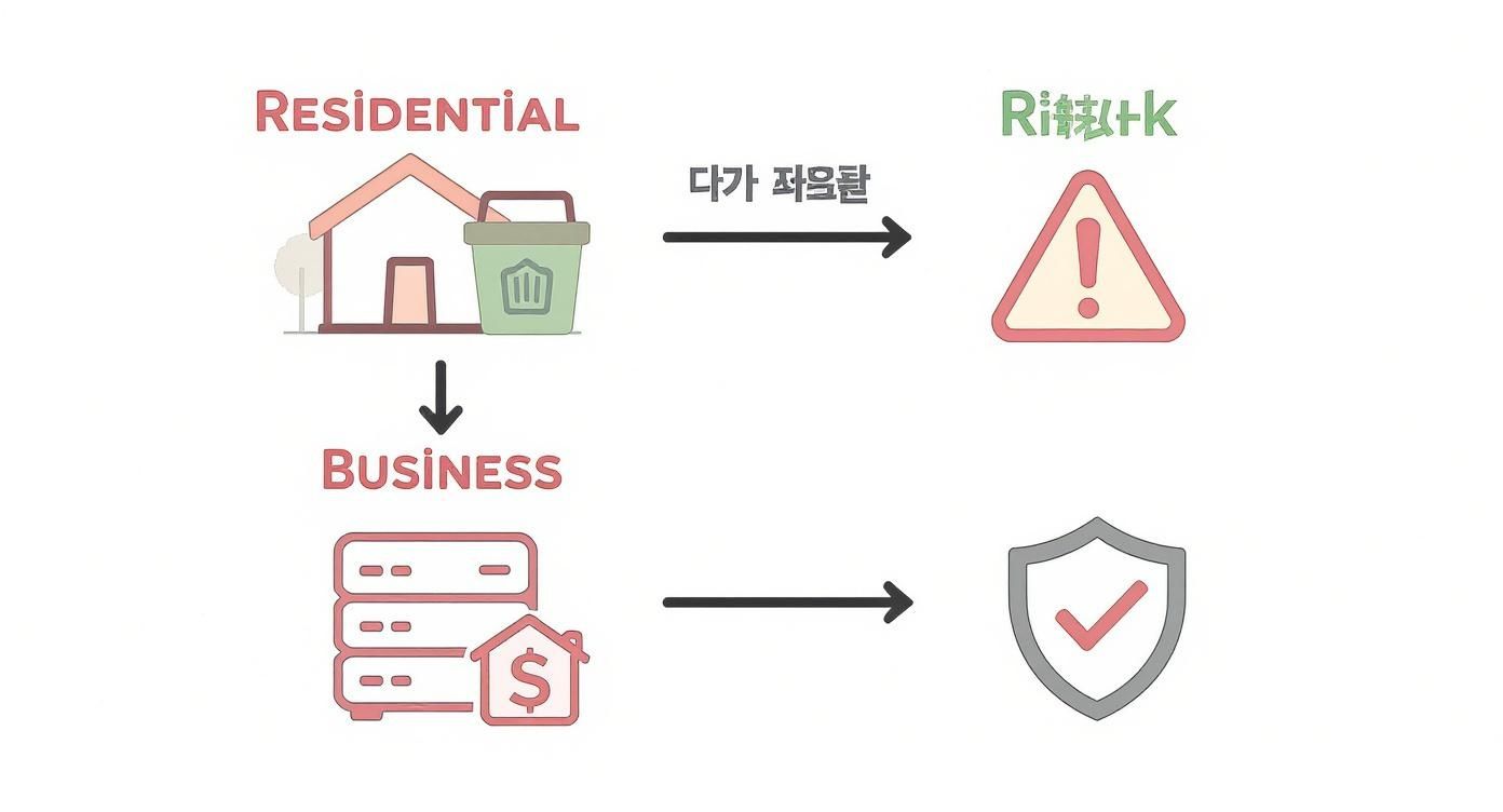 Diagram illustrating residential electronics disposal leading to risk, contrasting with secure business e-waste management.
