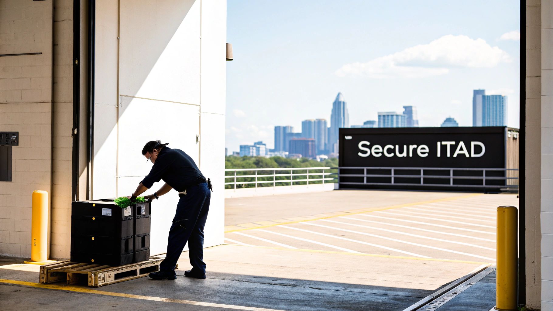 A person loads black bins onto a wooden pallet at a facility with a "Secure ITAD" sign and city skyline.