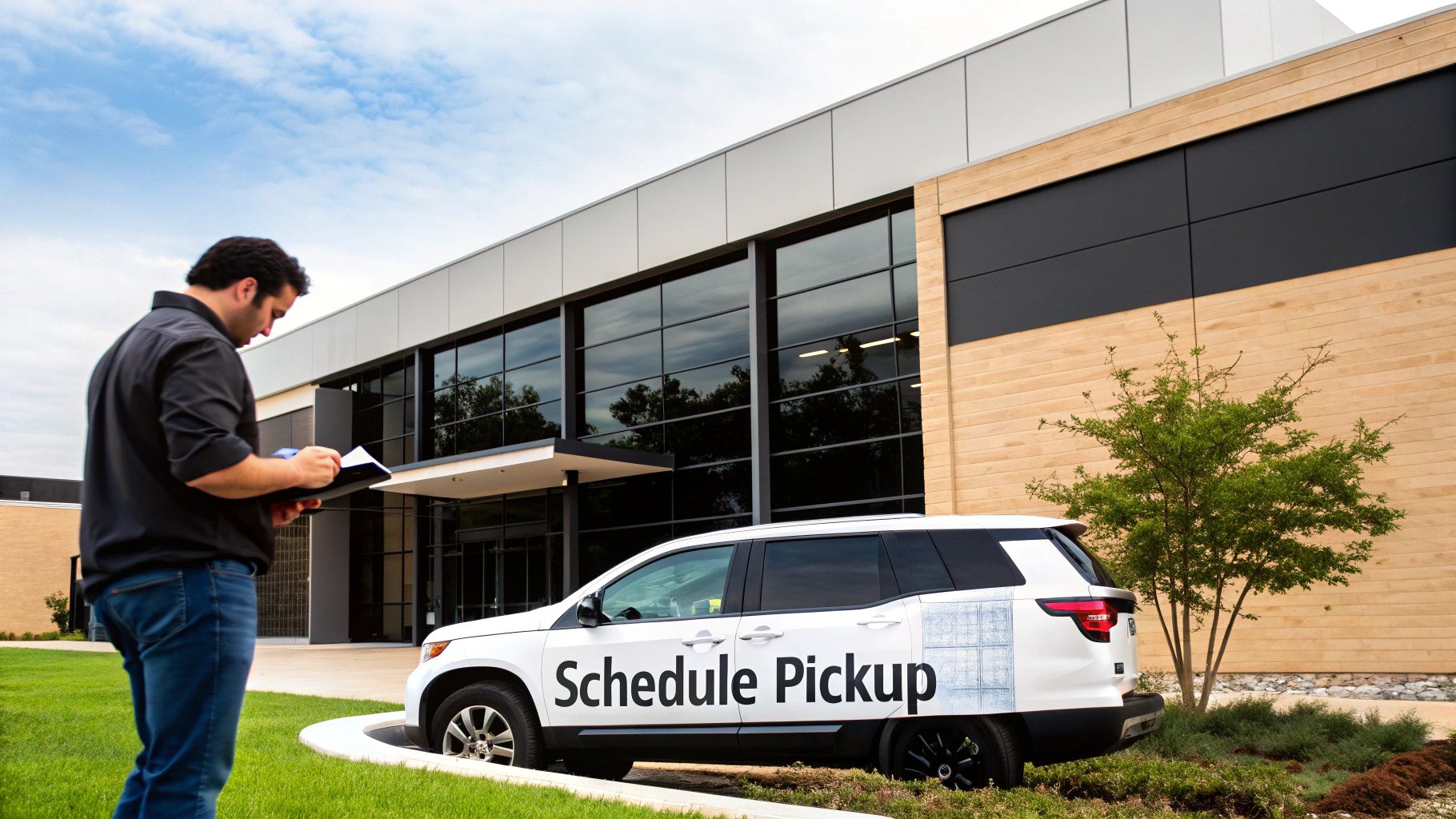 A man in a black shirt reviews a document next to a white 'Schedule Pickup' vehicle outside a modern building.