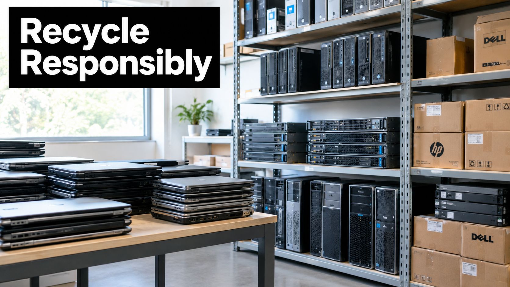 Stacks of recycled laptop computers and server towers on shelves in a tidy warehouse facility.
