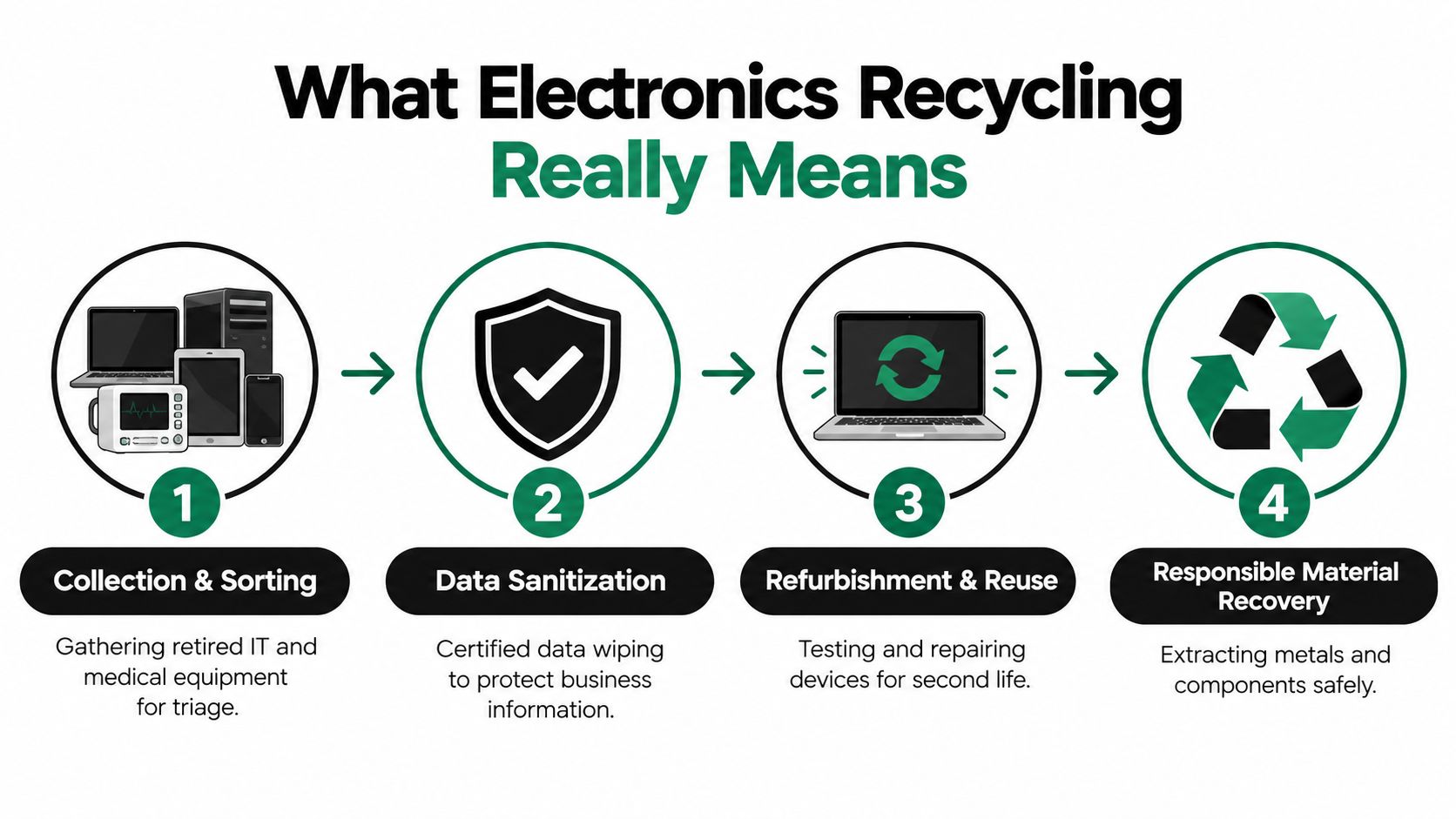 A diagram illustrating the four steps of electronics recycling: collection, data sanitization, refurbishment, and material recovery.