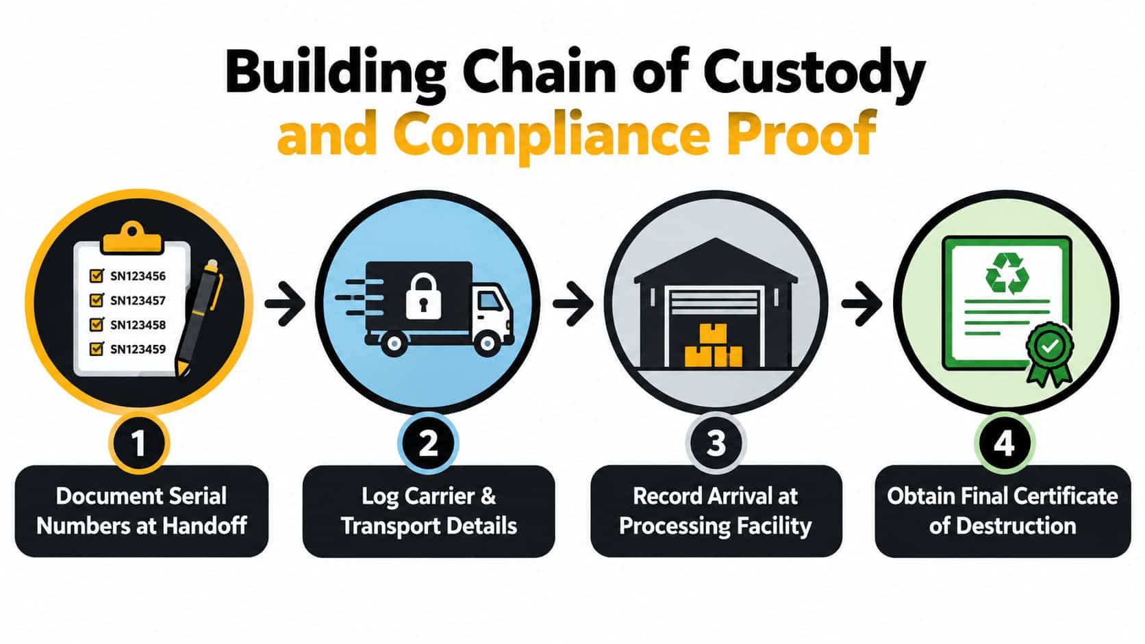 A four-step infographic illustrating the process of building a secure chain of custody for IT equipment disposal.