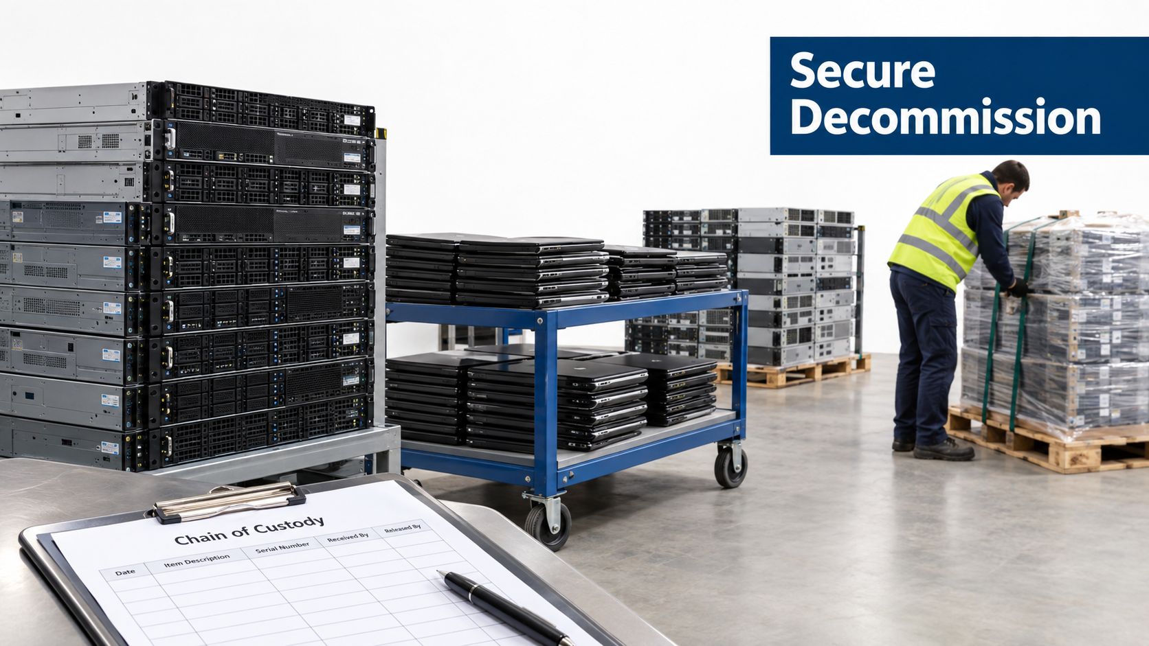 A technician in a safety vest working in an IT warehouse managing server and laptop hardware decommission.