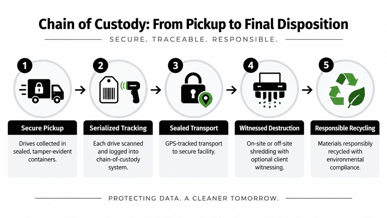 A five-step flowchart illustrating the secure chain of custody process for hard drive destruction and recycling services.