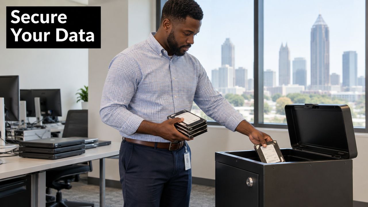 A professional man disposing of old hard drives into a secure data destruction bin in an Atlanta office.