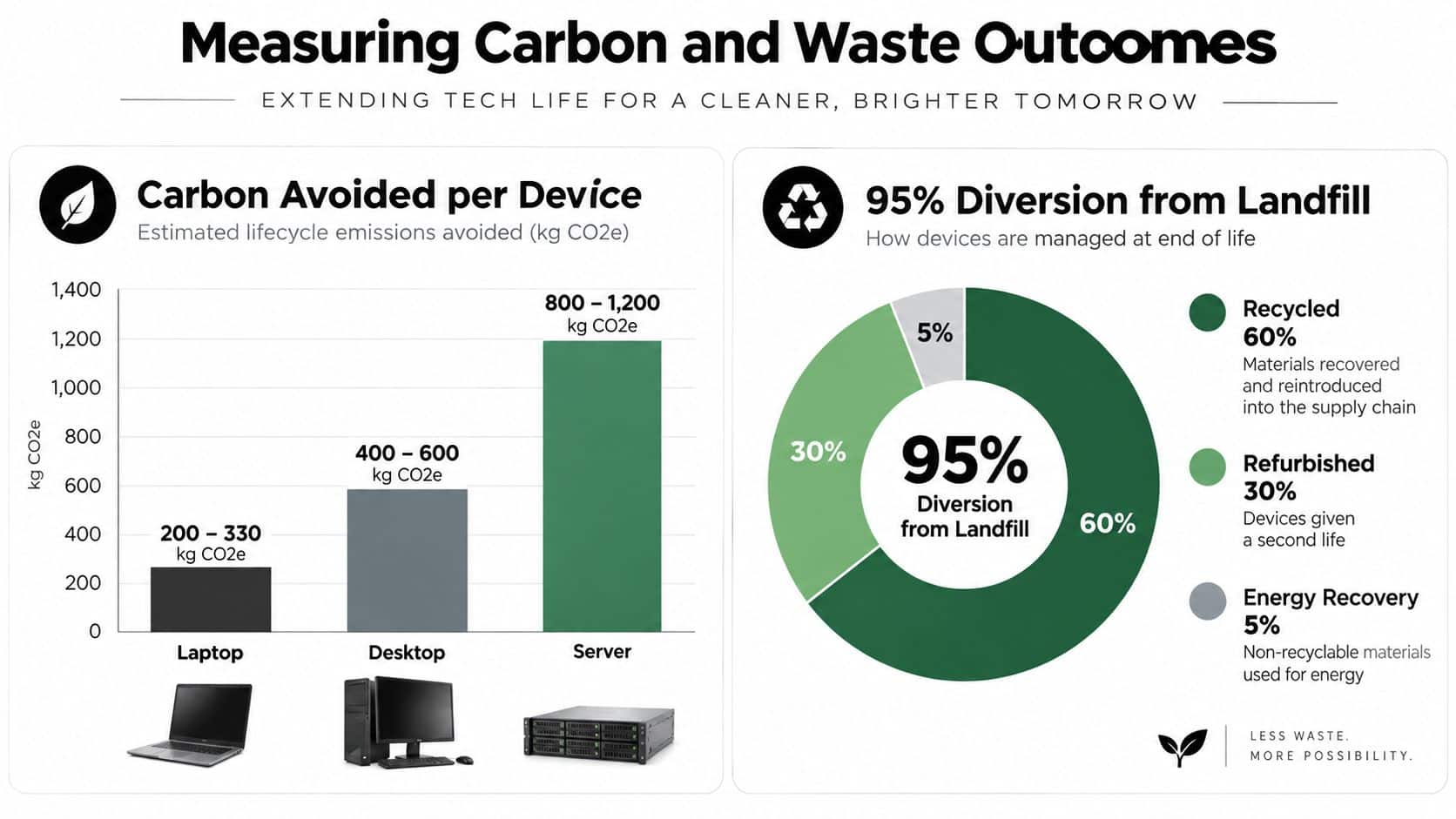 A chart showing carbon emissions avoided by recycling laptops, desktops, and servers, and a pie chart on waste diversion.