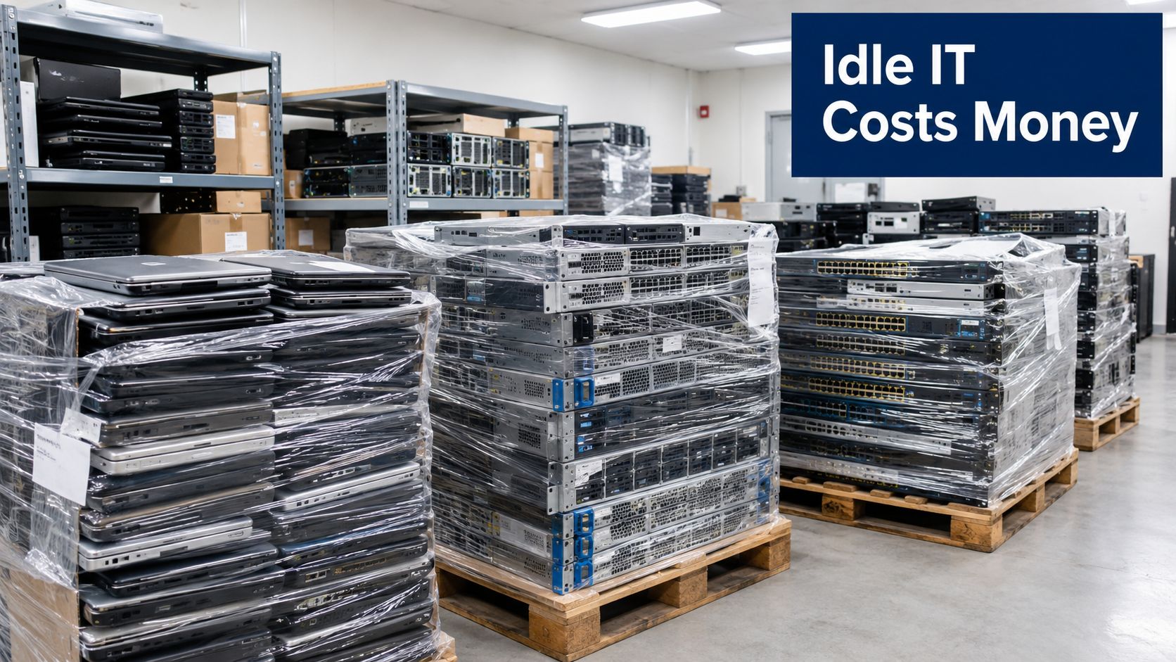 Stacks of recycled laptops and servers wrapped in plastic on wooden pallets in a warehouse.