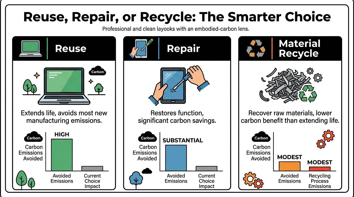 An infographic comparing the carbon emission benefits of reusing, repairing, and recycling electronic devices.