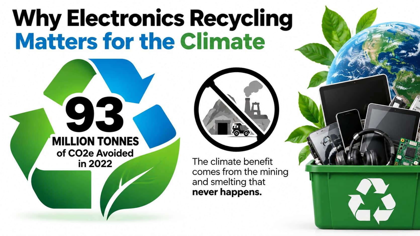 An infographic showing that electronics recycling avoided 93 million tonnes of CO2 emissions in 2022.