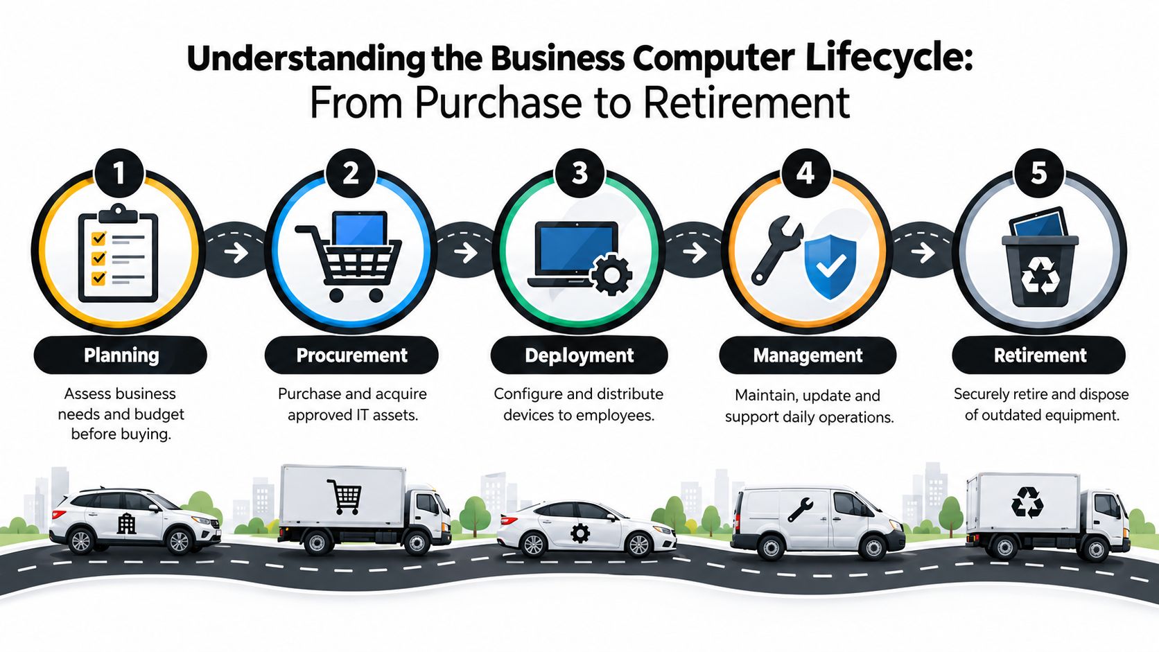 A five-step infographic illustrating the business computer lifecycle from planning and procurement to deployment, management, and retirement.