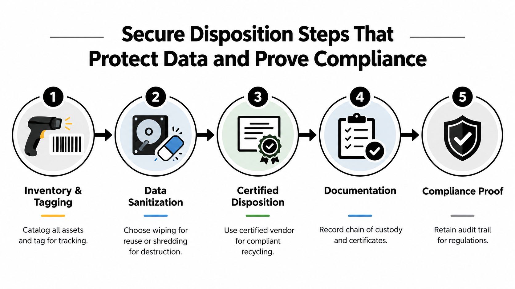 An infographic showing five sequential steps for secure data disposition, from inventory tracking to final compliance proof.