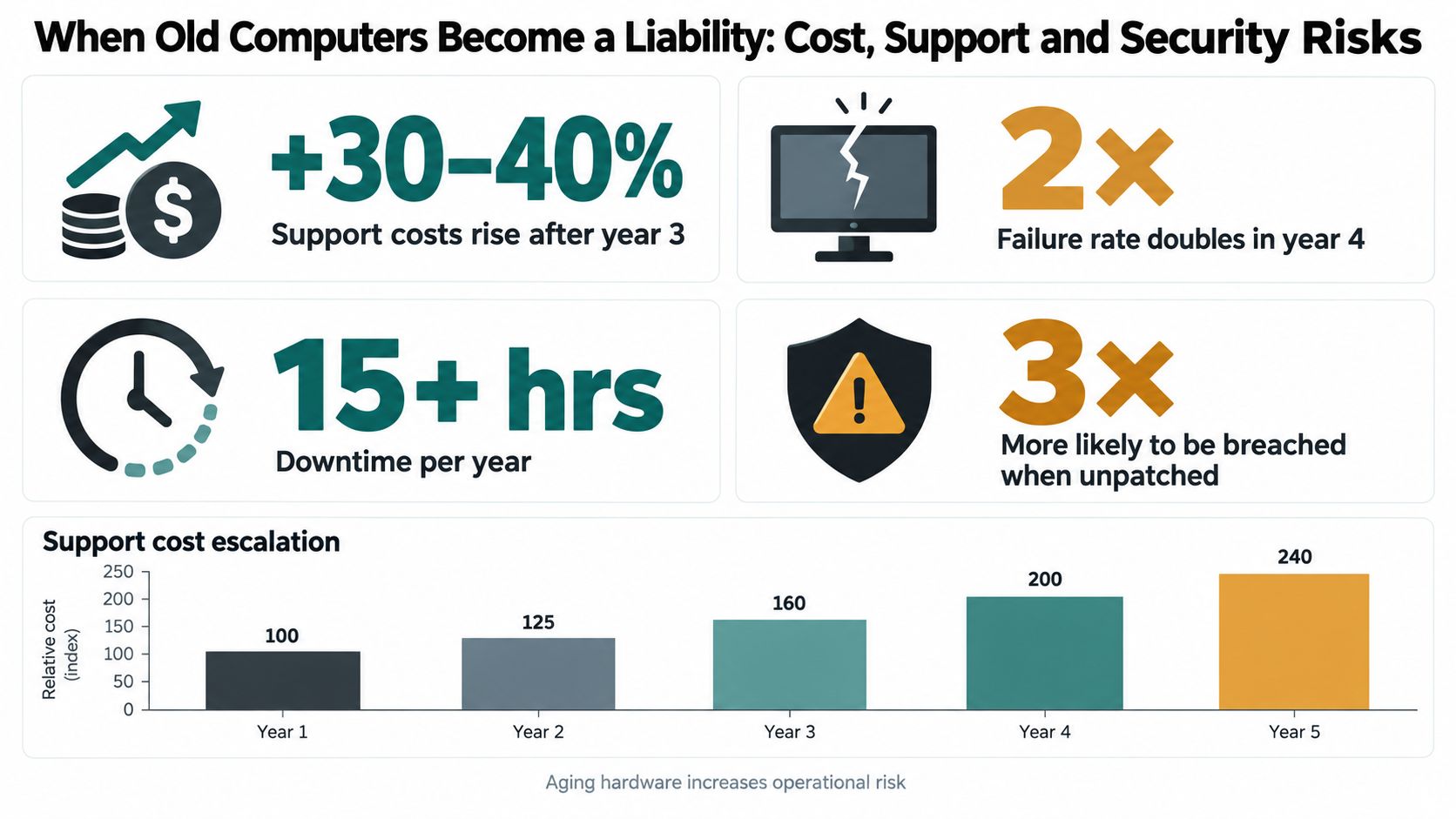 An infographic showing that aging business computers increase support costs, downtime, and security breach risks over five years.