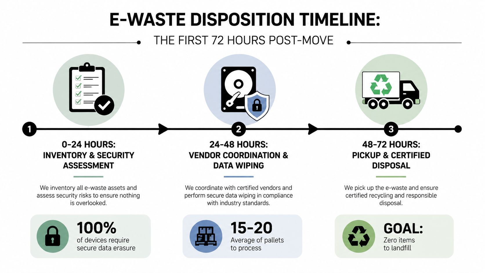 A timeline graphic showing the three-step 72-hour process for disposing of business e-waste after an office move.