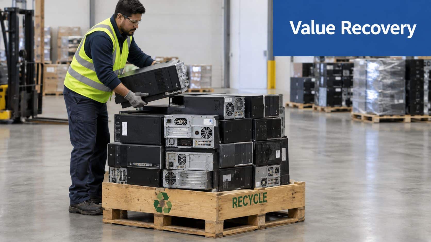 A warehouse worker in high-visibility clothing stacks old desktop computer cases onto a wooden shipping pallet.